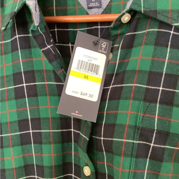 NWT Tommy Hilfiger Green Plaid Popover Long Sleeve Cotton Flannel Collar M - Picture 3 of 6